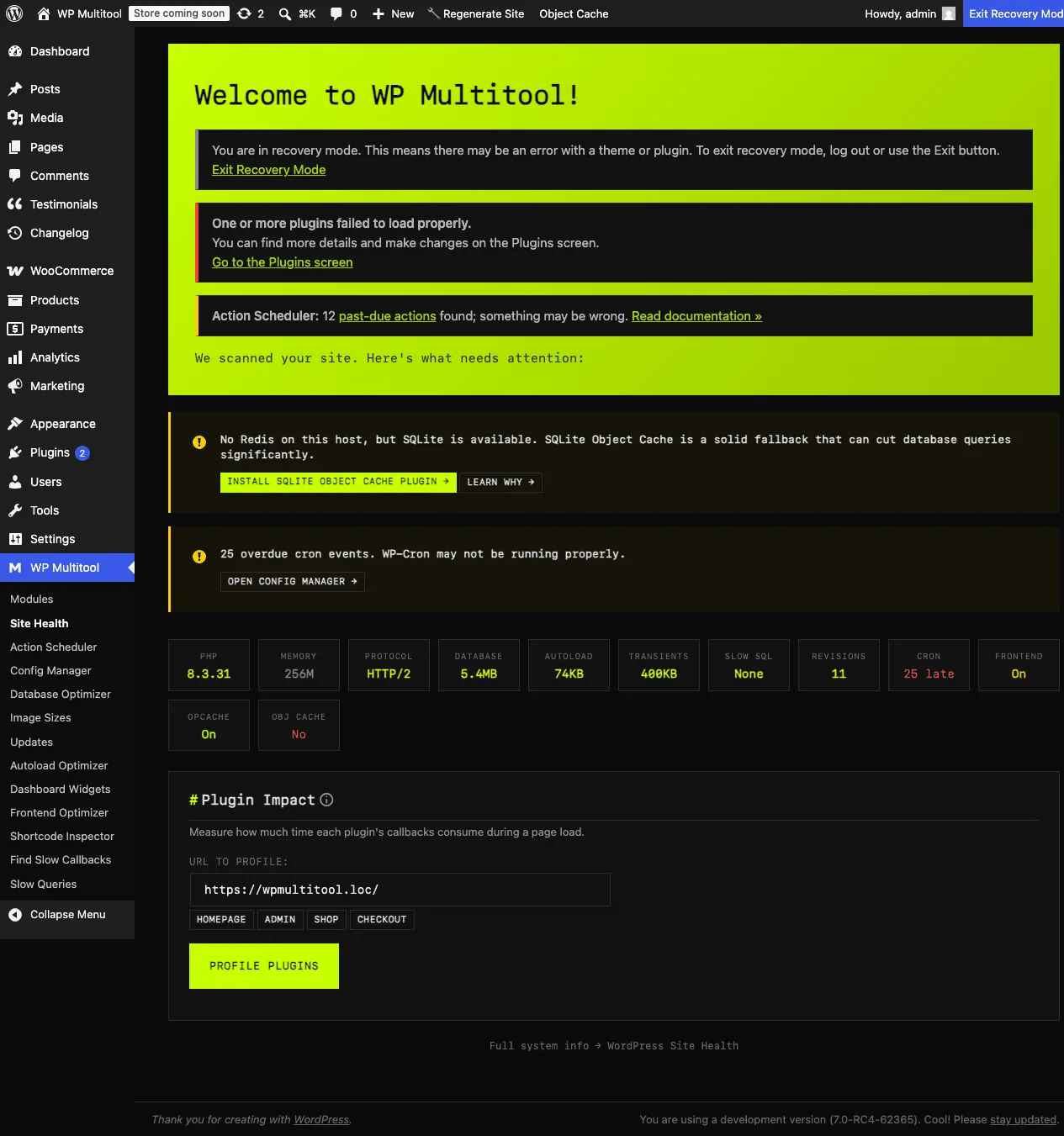 WordPress Recovery Mode dashboard with yellow banner