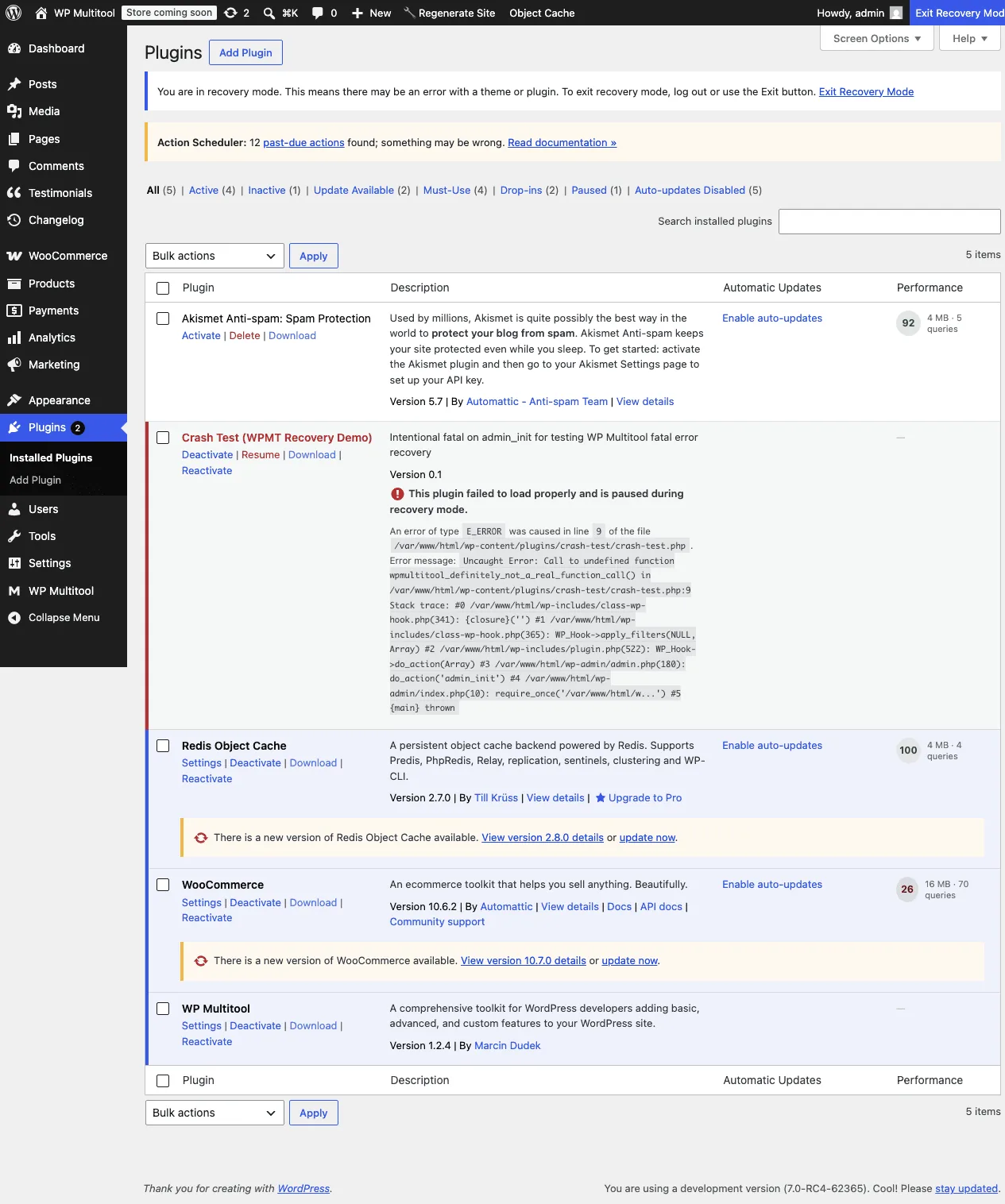 Plugins page showing crash-test plugin paused