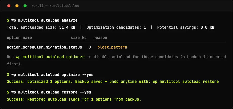WP-CLI autoload rescue: wp multitool autoload analyze, optimize and restore run in sequence, each reversible with a backup