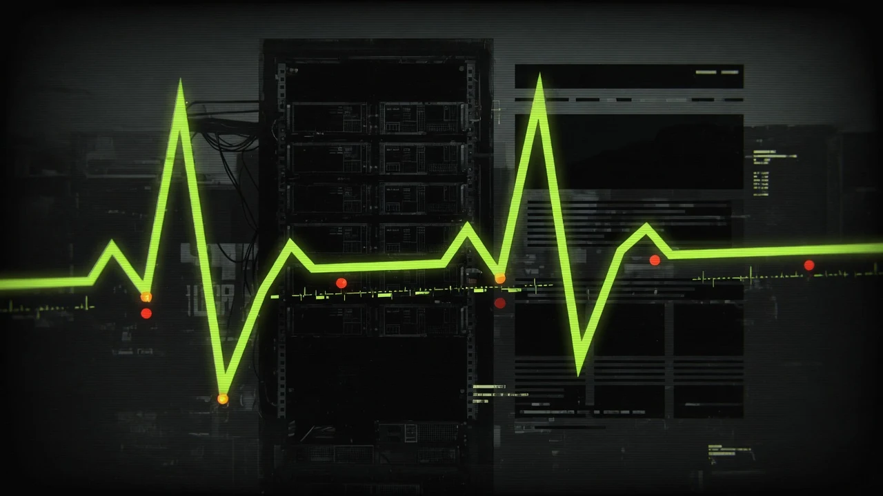 WordPress Site Doctor health check concept: an acid-green vital-signs heartbeat line across a dark server rack, with red and amber dots marking detected configuration problems