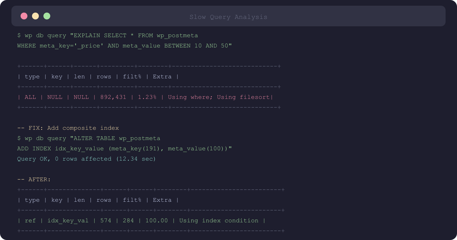 Slow query analysis terminal showing EXPLAIN output before and after adding index