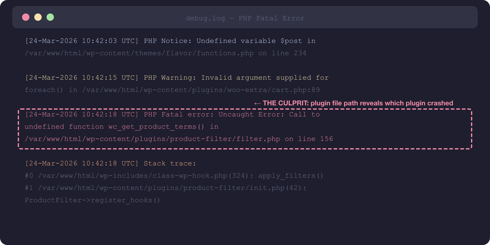 Annotated debug.log file showing a PHP Fatal error with the plugin file path highlighted