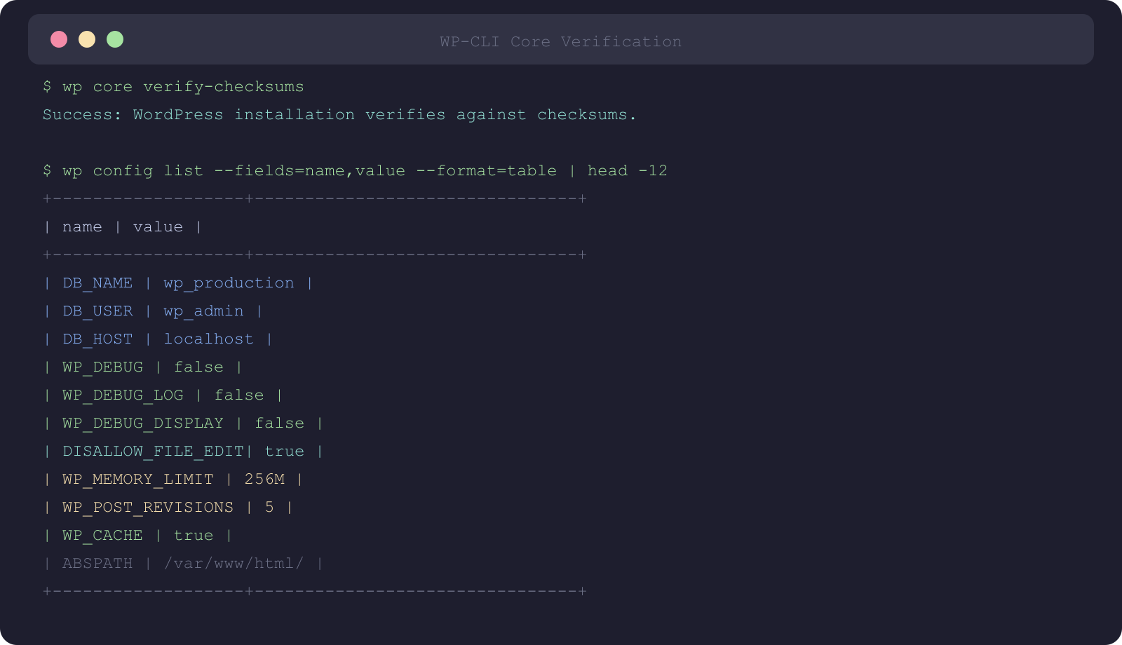Terminal showing wp core verify-checksums success and wp config list with key configuration values
