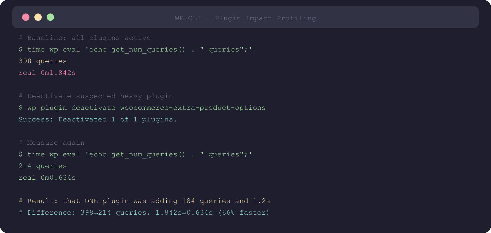 Terminal comparing wp eval load times before and after deactivating a heavy plugin - 66% faster