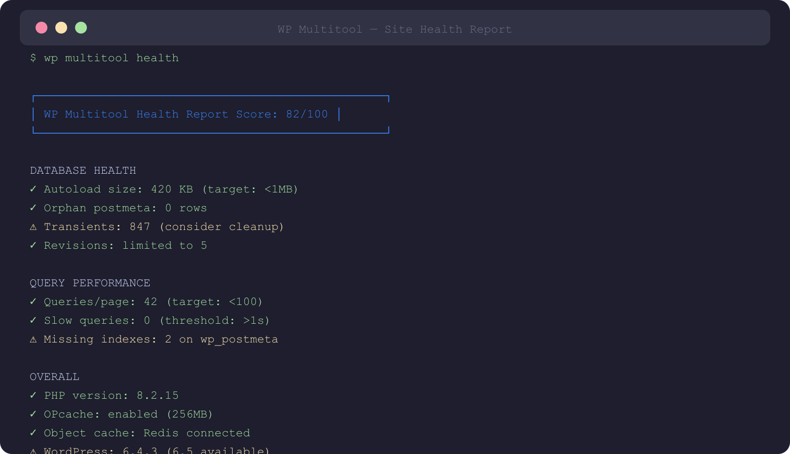WP Multitool health report showing database health, query performance and overall site score of 82