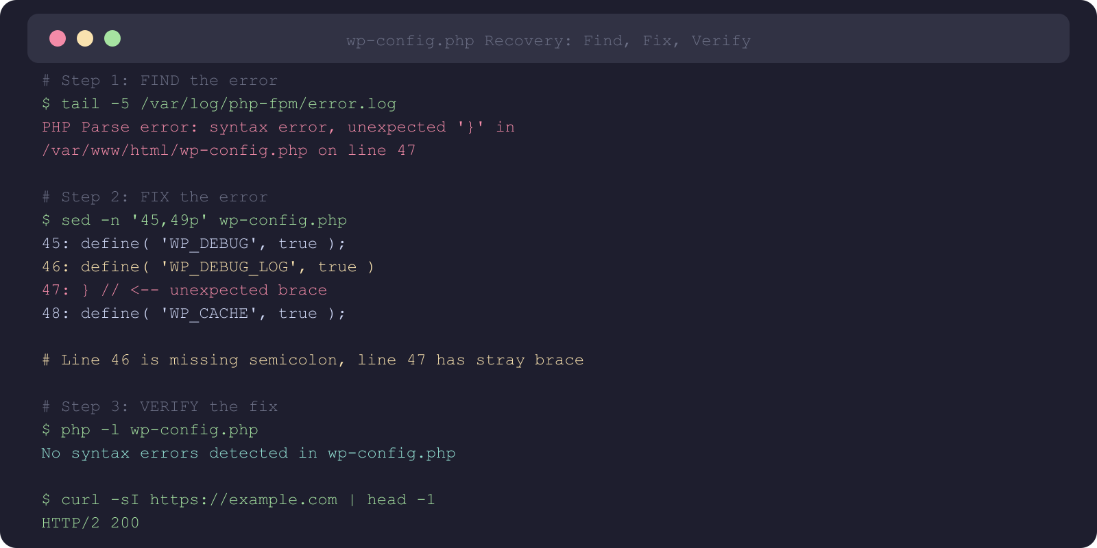 Terminal showing wp-config.php recovery workflow - find error fix it and verify with php lint
