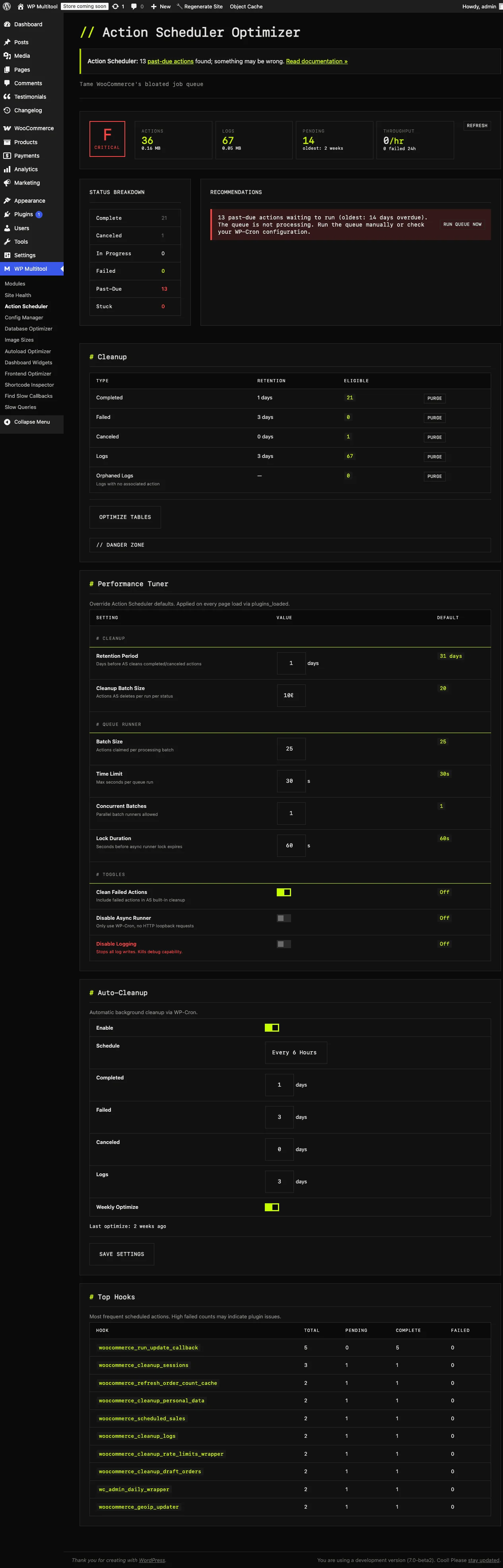 Action Scheduler Optimizer dashboard showing queue stats, cleanup options, and performance tuner