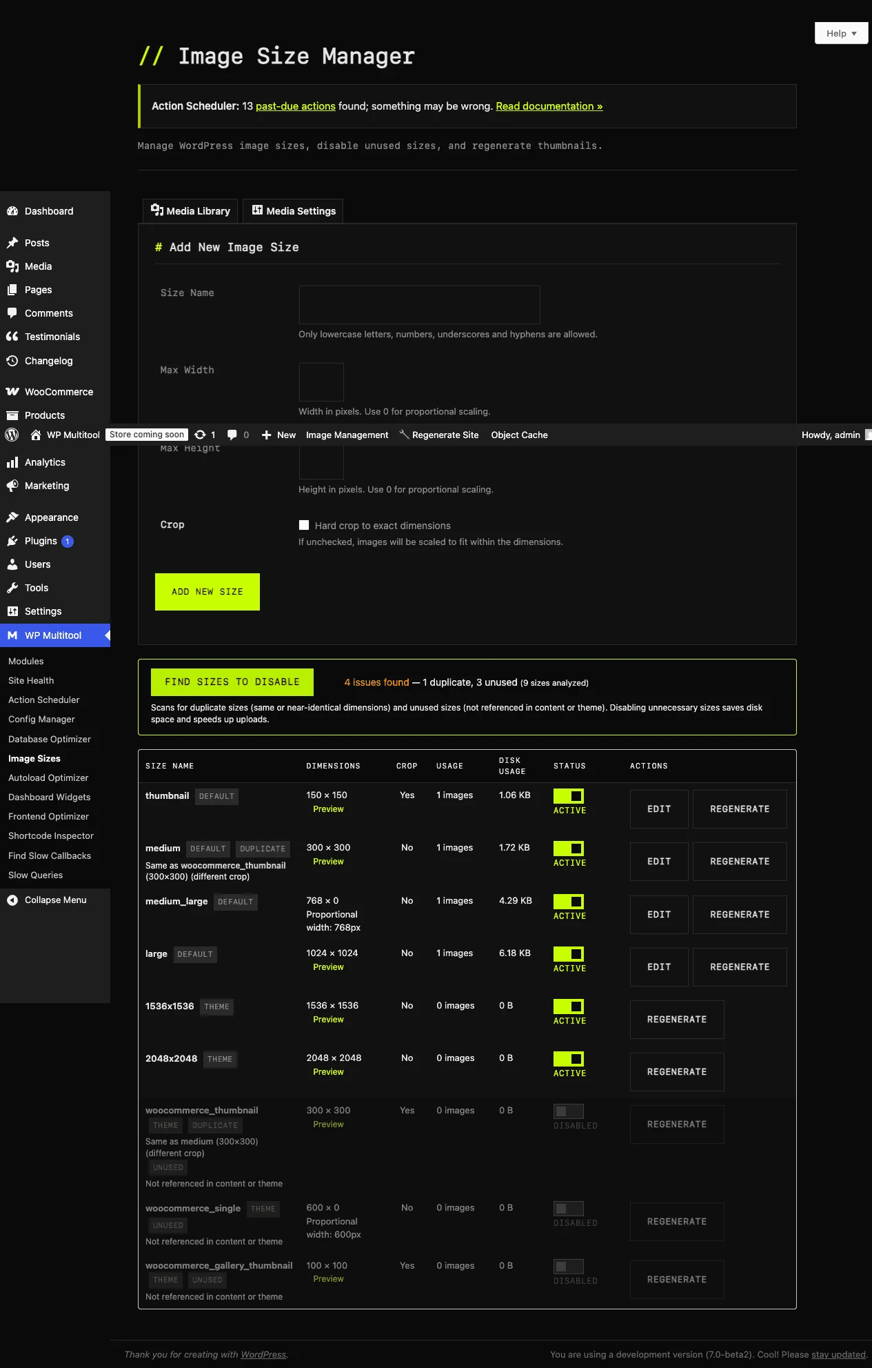 Image size analysis results showing duplicate and unused sizes with recommendations