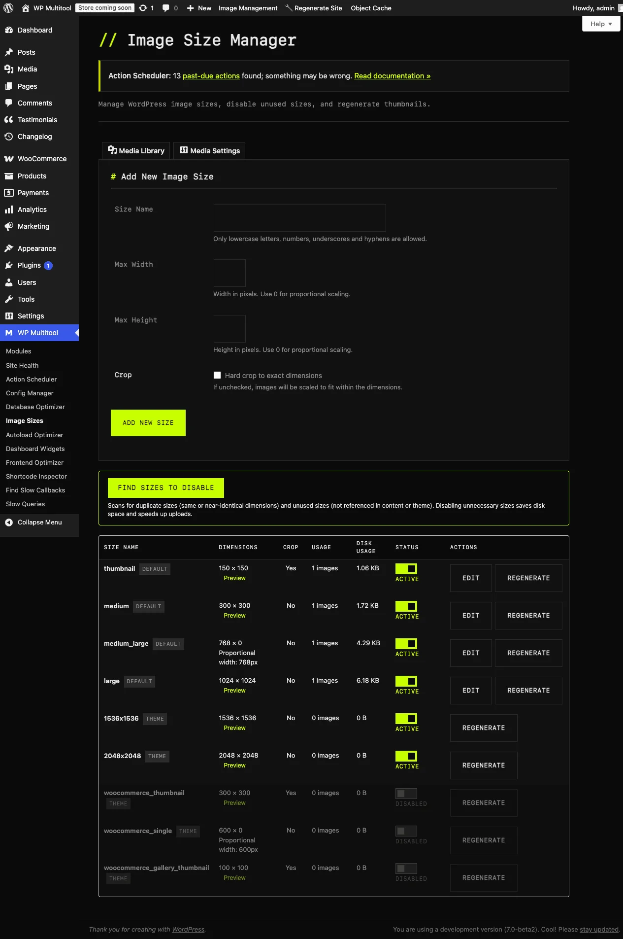Image Manager showing registered image sizes with usage counts and status