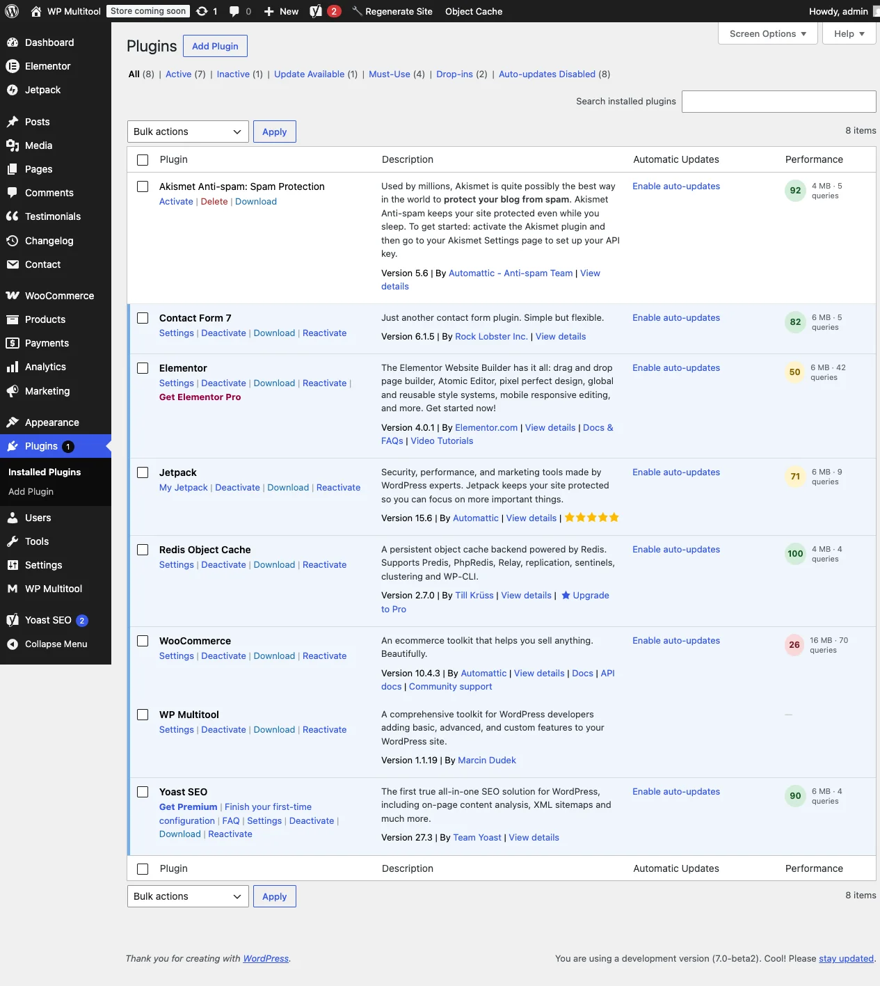 Plugin Performance Score module showing color-coded performance badges on the WordPress Plugins page with scores, memory usage, and query counts for each installed plugin