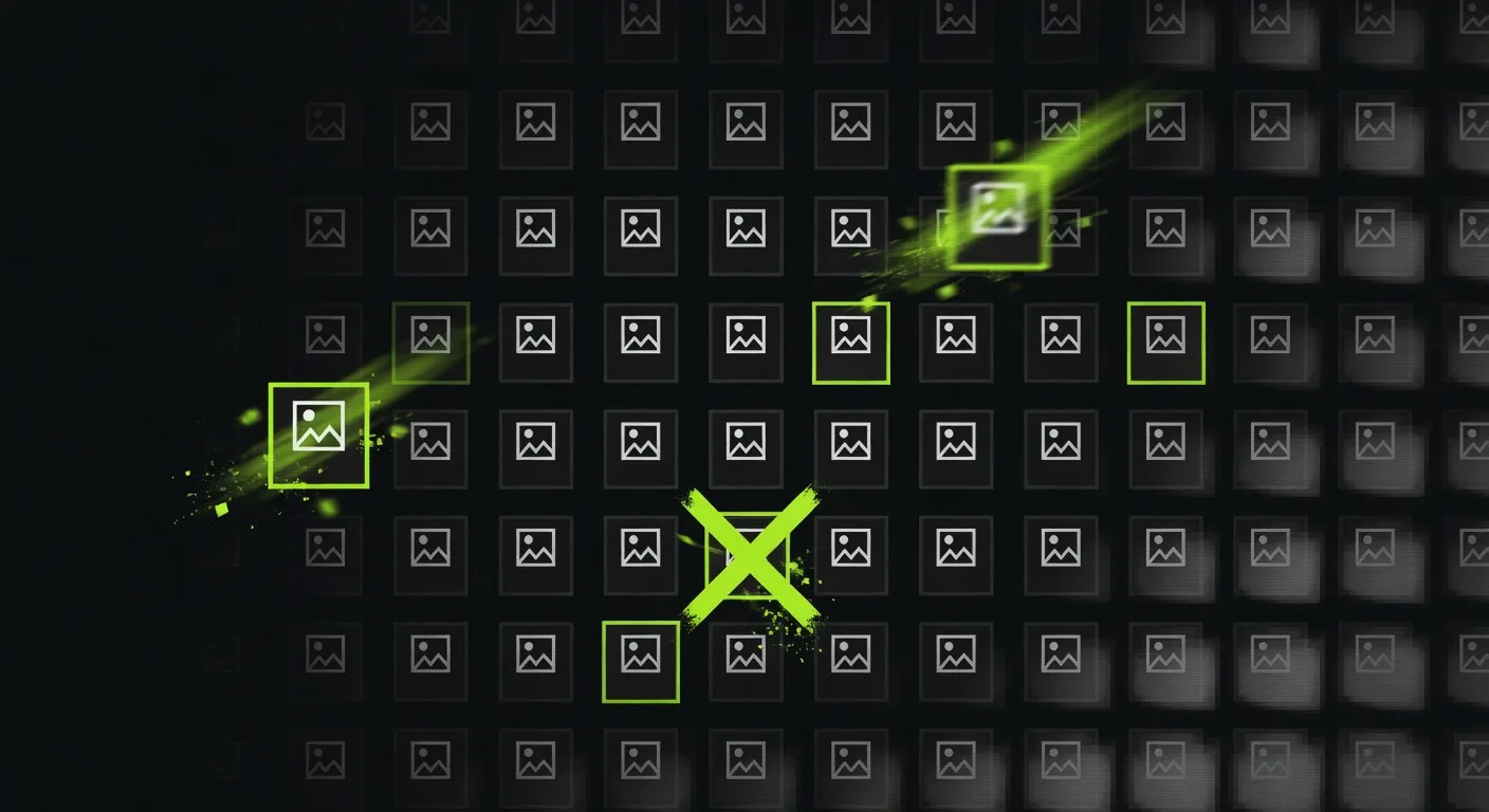 Grid of WordPress image thumbnails with unused sizes highlighted in lime and swept away to reclaim disk space