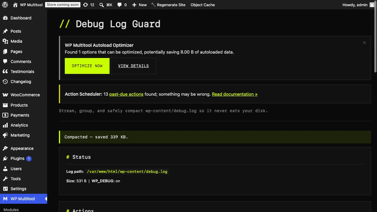 The Debug Log Guard admin screen after compaction, showing the log dropped to a few hundred bytes