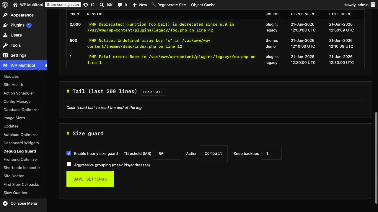 Debug Log Guard grouped error summary showing one deprecation repeated thousands of times