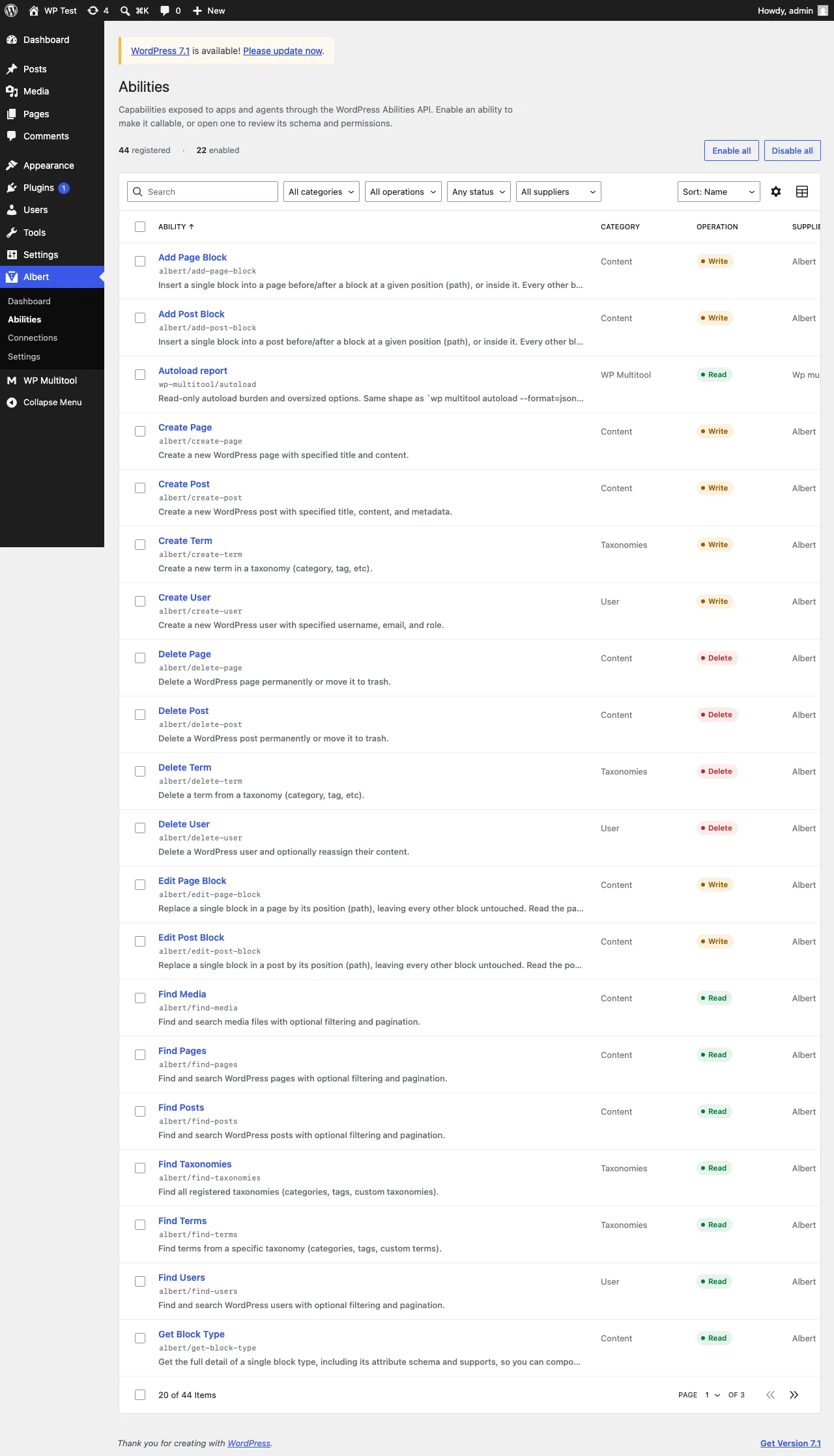 Albert's Abilities admin screen, page one of three, showing the countable rows