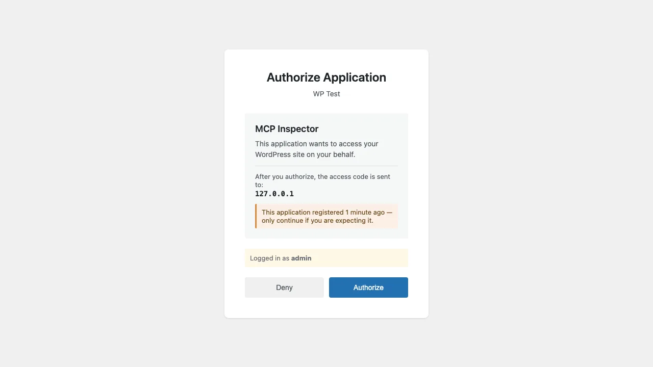 Albert's OAuth consent screen showing the application, the code destination, and the logged-in user