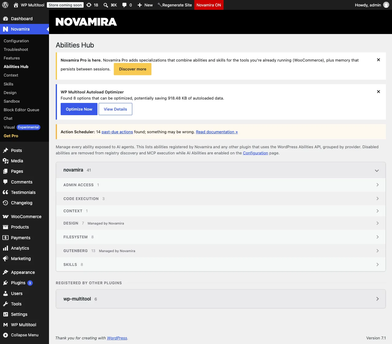 Novamira's Abilities Hub grouping abilities by provider, with wp-multitool's six under "Registered by other plugins"