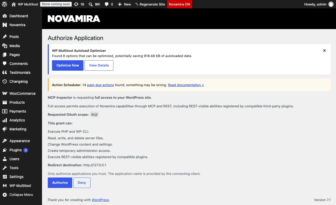 Novamira's OAuth consent screen enumerating the full grant, including PHP execution and temporary admin access