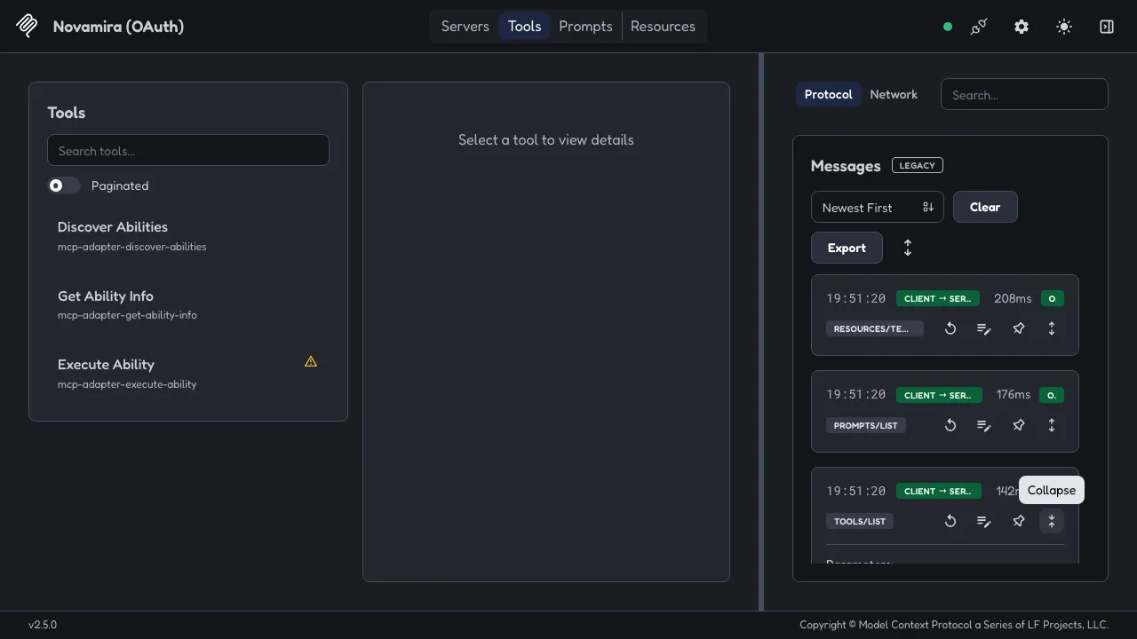 The complete MCP tool list on Novamira: three adapter meta-tools